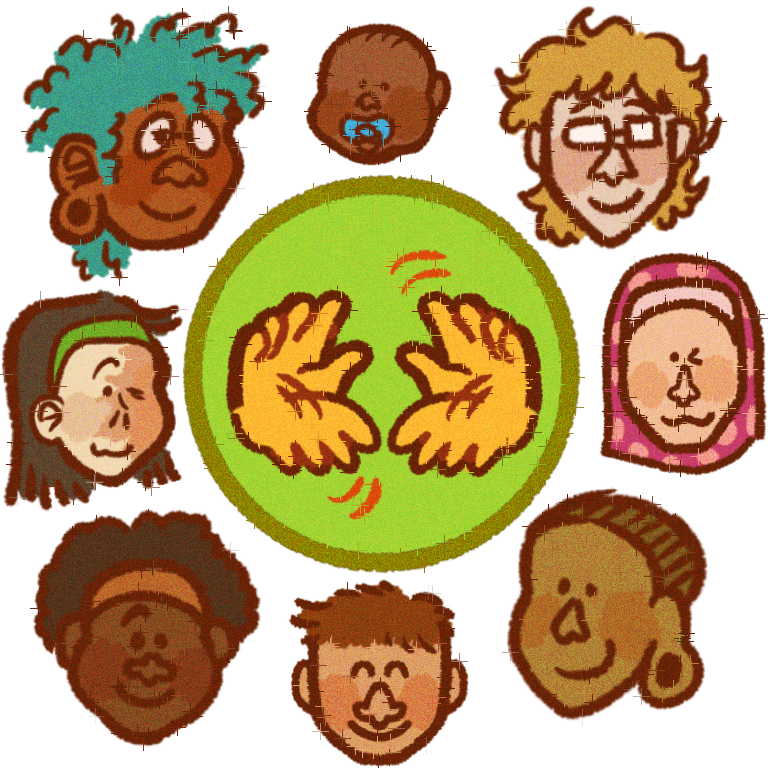 two yellow hands stimming by flapping their wrists inside a green circle , with several people’s heads around it . The people are very diverse , to represent “everyone” .